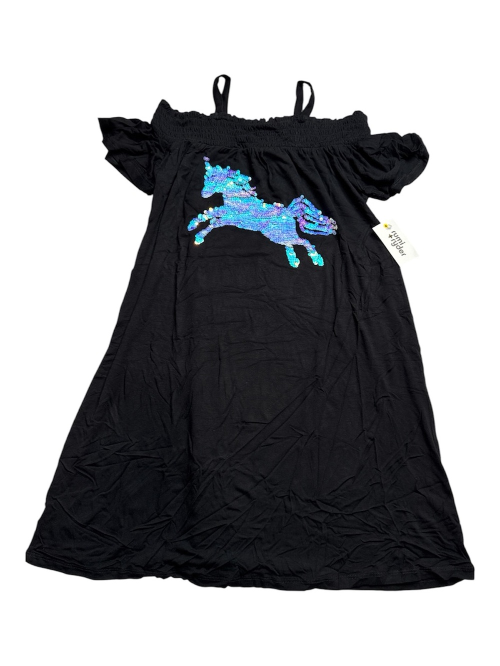 Rumi + Ryder NWT  Girls Black Off-Shoulder Dress with Iridescent Sequin Unicorn